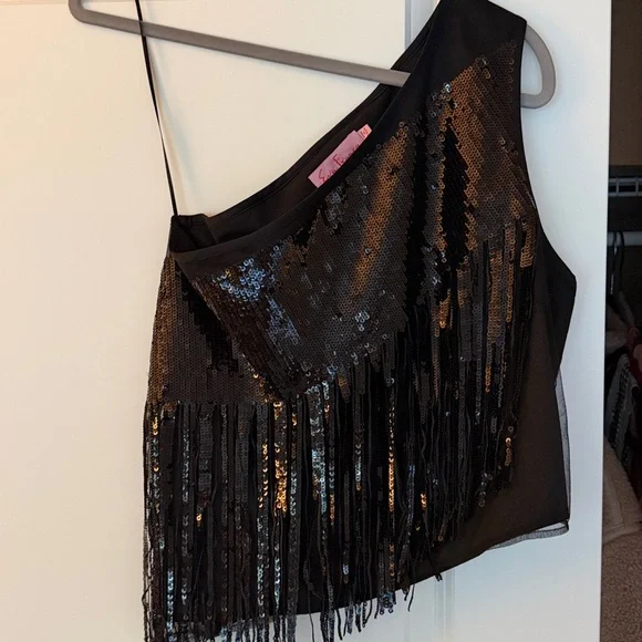 Eva Franco Black Sequin One Shoulder Top - Picture 6 of 6